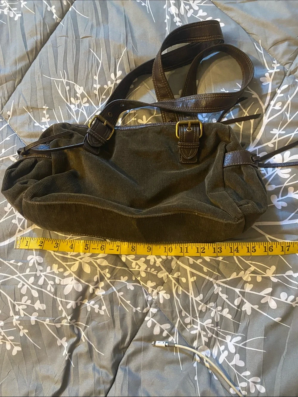 Corduroy and Faux-Leather Olive Green Small Shoulder Bag